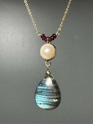 Labradorite, Ruby and Pearl Pendant Necklace