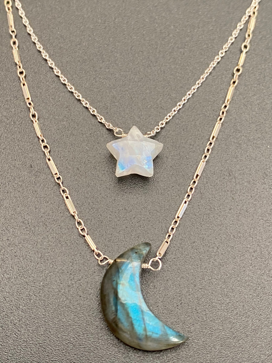 Oxidized Sterling Silver Moon + Star Necklace main image 0