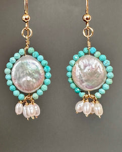 Pair of Pearl Chrysocolla Drop Earrings