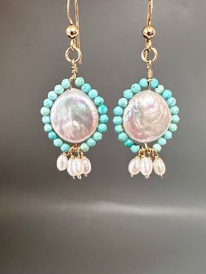 Pair of Pearl Chrysocolla Drop Earrings