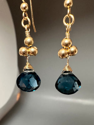 14K Gold Bead Indicolite Quartz Earrings