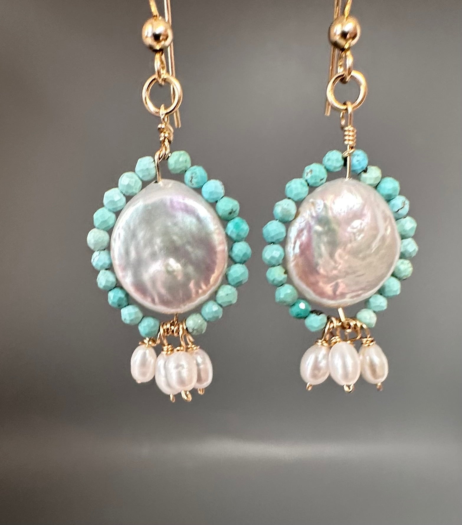 Pair of Pearl Chrysocolla Drop Earrings