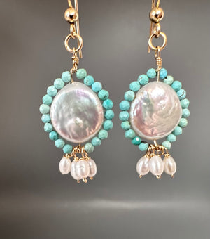 Pair of Pearl Chrysocolla Drop Earrings