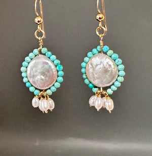 Pair of Pearl Chrysocolla Drop Earrings