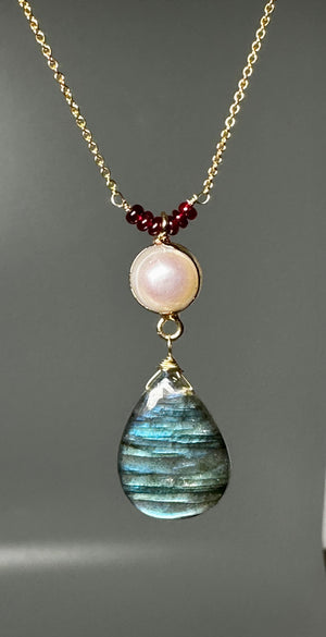 Labradorite, Ruby and Pearl Pendant Necklace