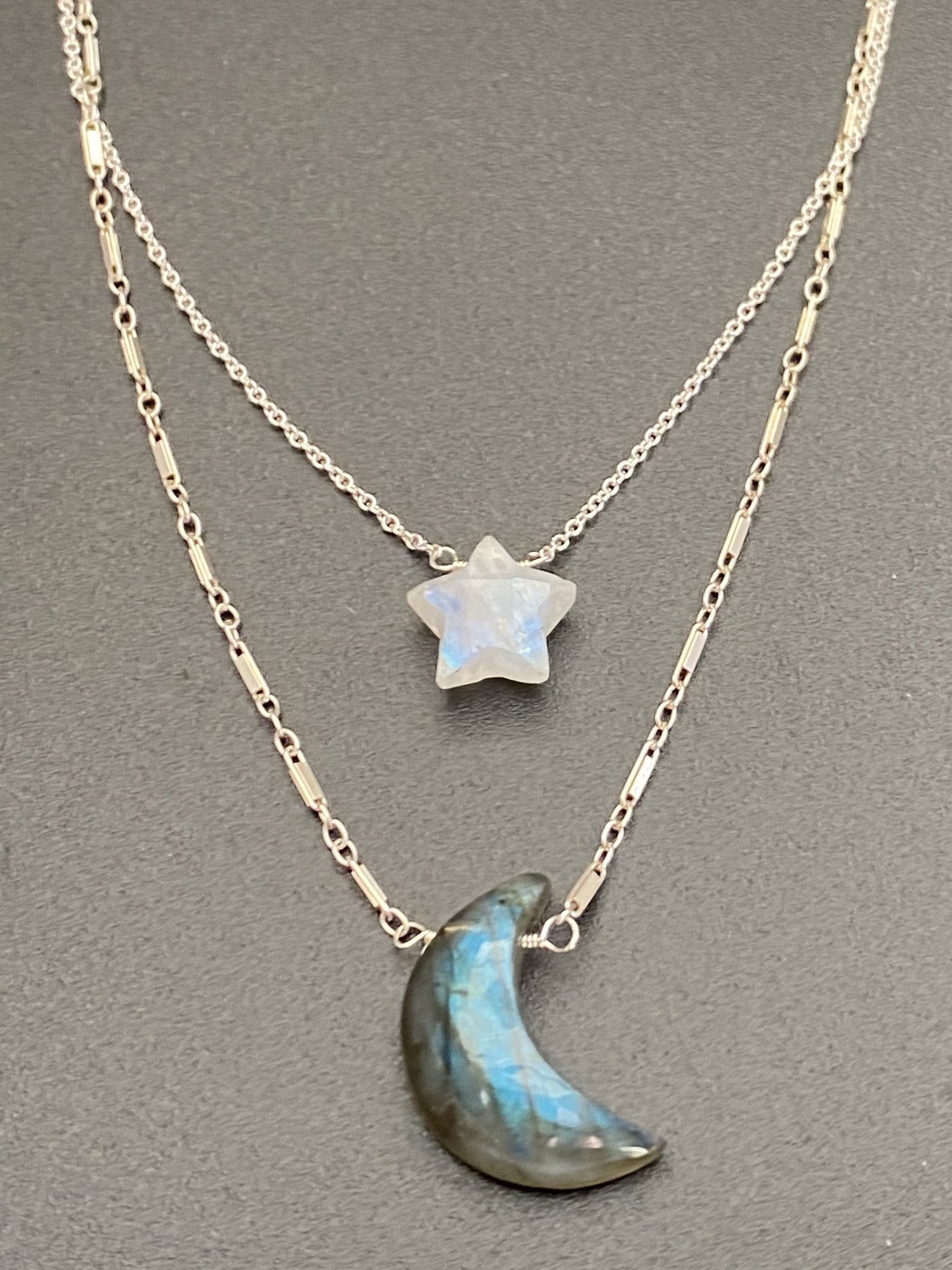 Double-Layer Moon & Star Necklace – Opal and moon